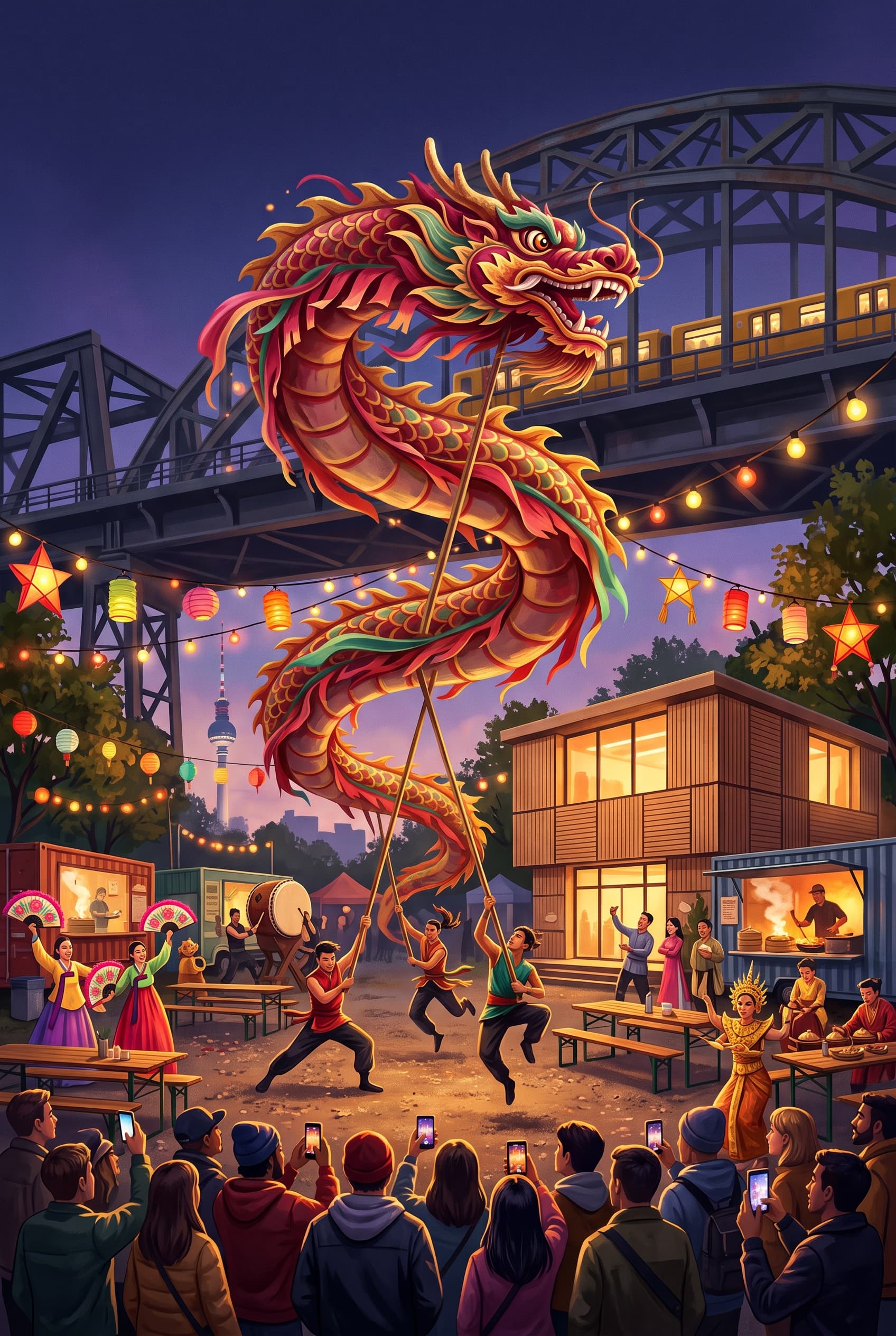 Illustrated poster: dragon dance under lanterns at Jules B-Part am Gleisdreieck, Berlin